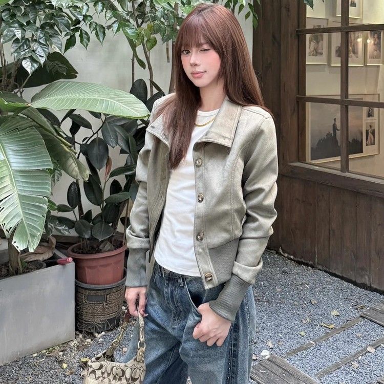 美式复古立领麂皮开衫外套女早秋季2025新款休闲百搭夹克短款上衣|undefined