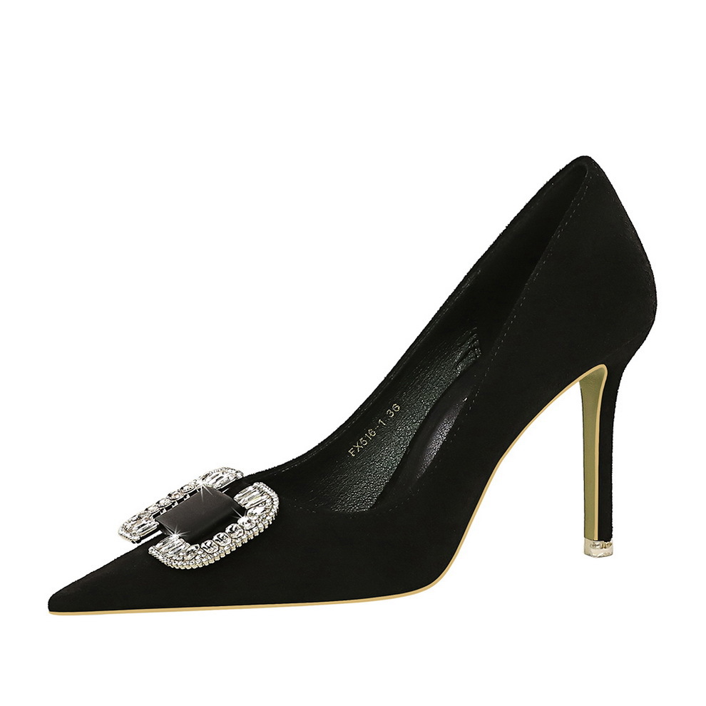 516-K69 European And American Fashion Party Women's Shoes, Stiletto Heel, Suede, Shallow Mouth, Pointed Toe, Rhinestone_vogvips.com