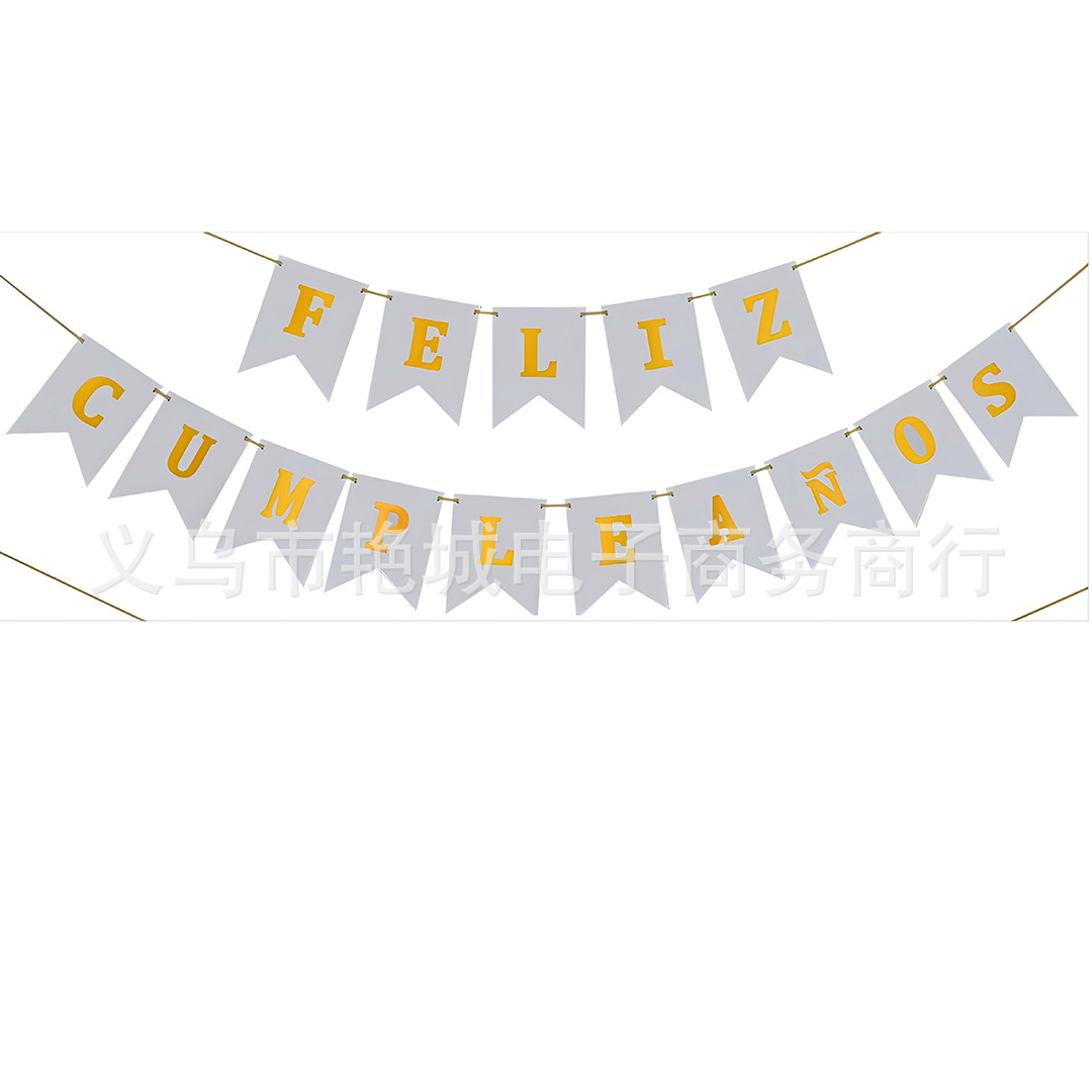 Fábrica al por mayor día tira banderas tarjetas blancas estampadas cola de pescado español Feliz cumpleaños tira banderas de fiesta de cumpleaños decoración banner
