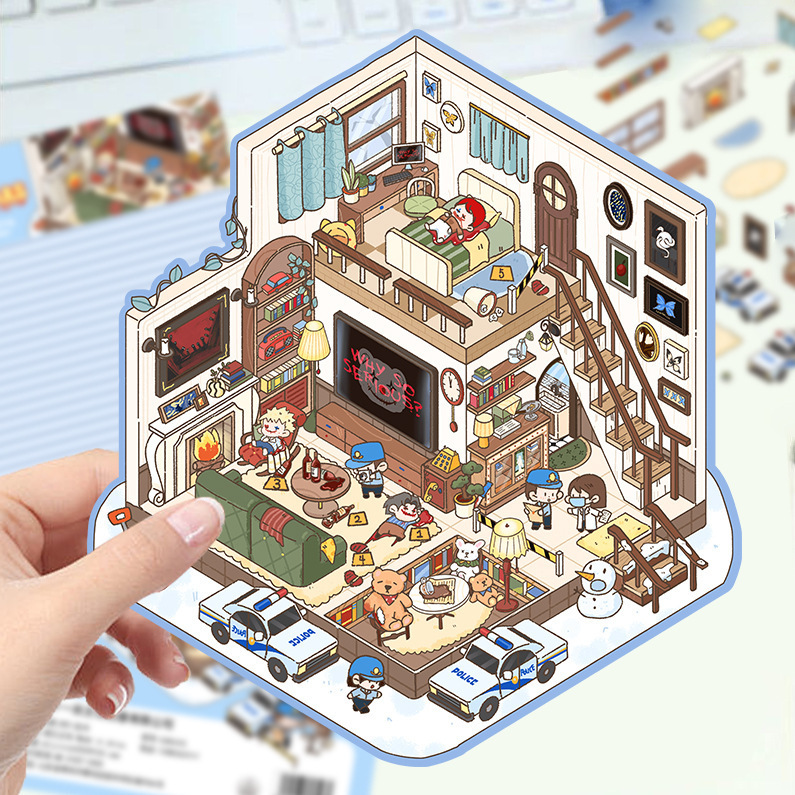 漫画造園ステッカー、さまざまなミニチュア世界 3D キャビン、リトルレッドブック減圧 DIY シーンハンドブックステッカー卸売 PET|undefined