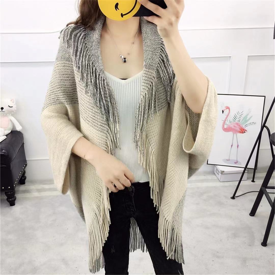 Plus-size fringe knitted shawl cape loose sweater coat plus-size cardigan woman_voghion.com