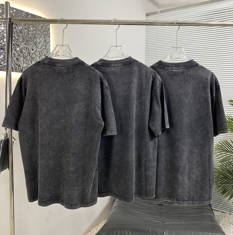Distressed Washed Color Letter Print Short-Sleeve T-Shirt, Unisex, Spring/Summer/Autumn, Loose Fit, Heavy Charcoal Gray, High Street Style