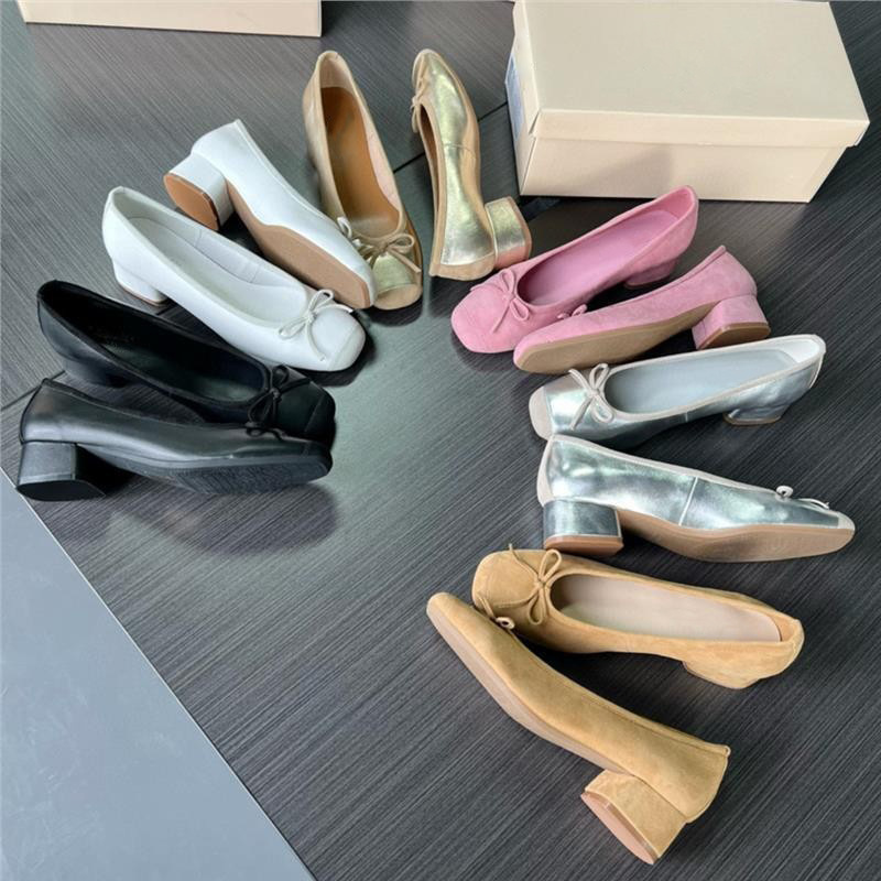 Niche super soft sheepskin ballet shoes women's low-cut mid heel single-layer shoes round toe genuine leather bow chunky heel high heels