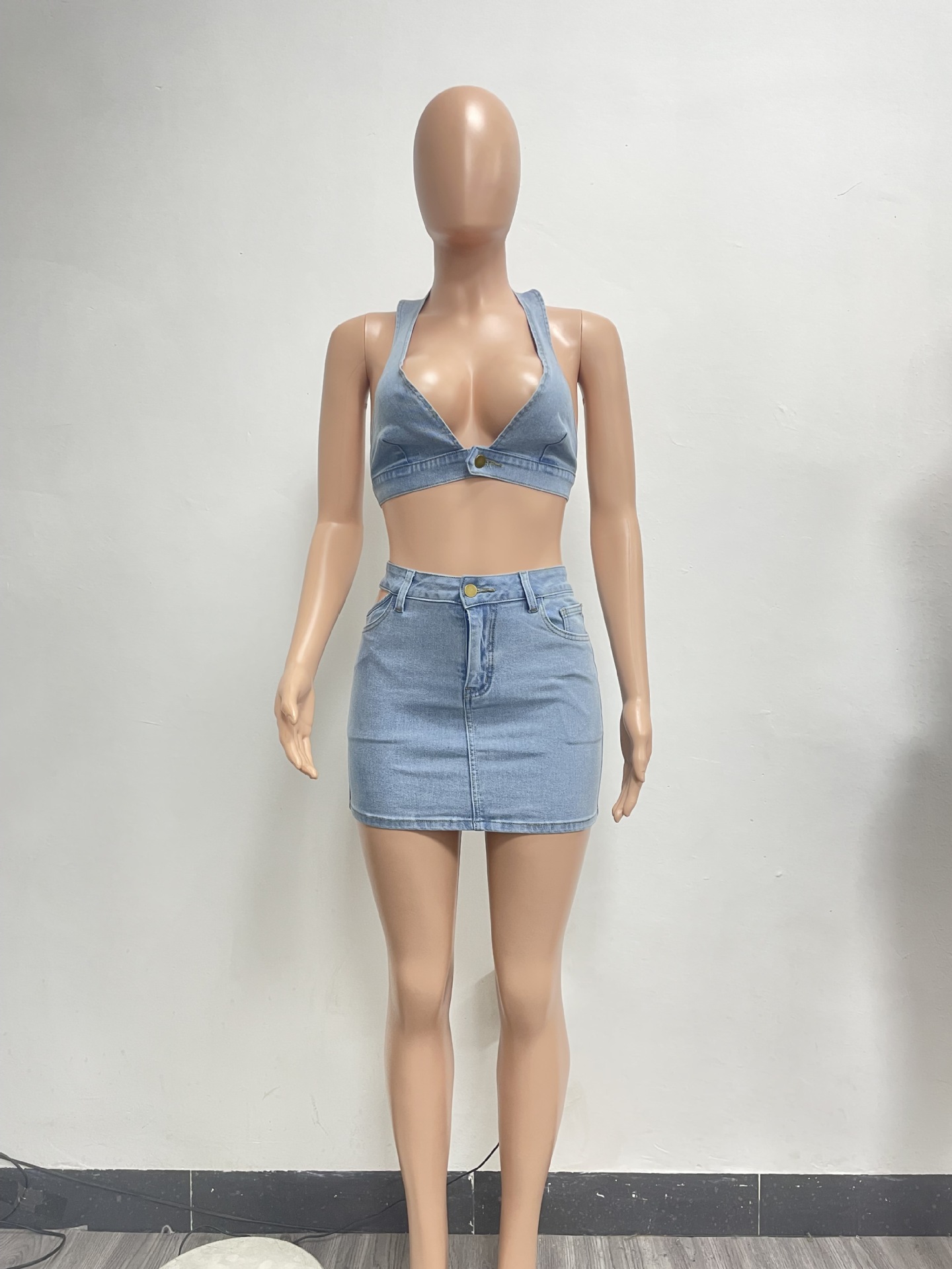 Washed Stretch Denim Casual Sexy Skirt Set