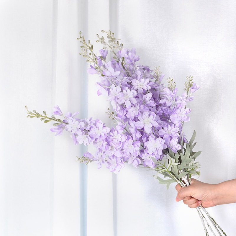 Velvet-Flocked 2-Branch Delphinium Artificial Hyacinth Silk Flowers Wedding Aisle Decoration Living Room Decoration Violet Wholesale from Manufacturer