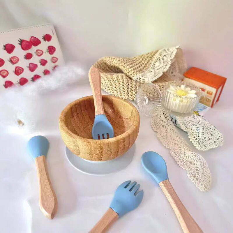 Cross-Border Bamboo Children's Round Dinner Plate and Bowl with Silicone Suction Cup, Anti-Fall and Anti-Slip, Special Tray for Feeding Toddlers, Bamboo Bowl
