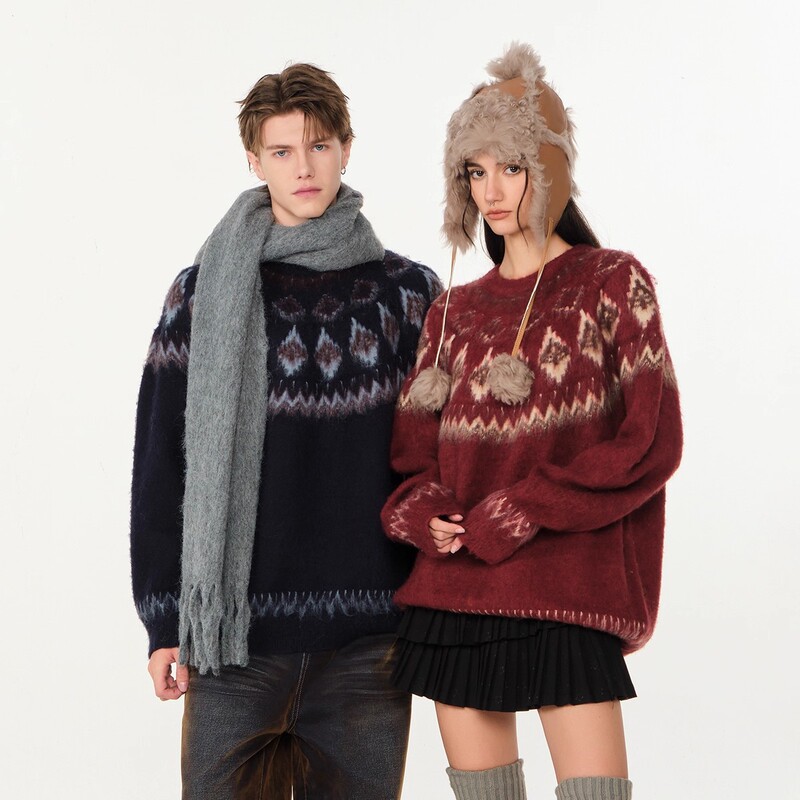 Scandinavian Fair Isle Red Knitwear for Men and Women, Trendy Brand Couple Knitwear, Winter Atmosphere Christmas Warm Top