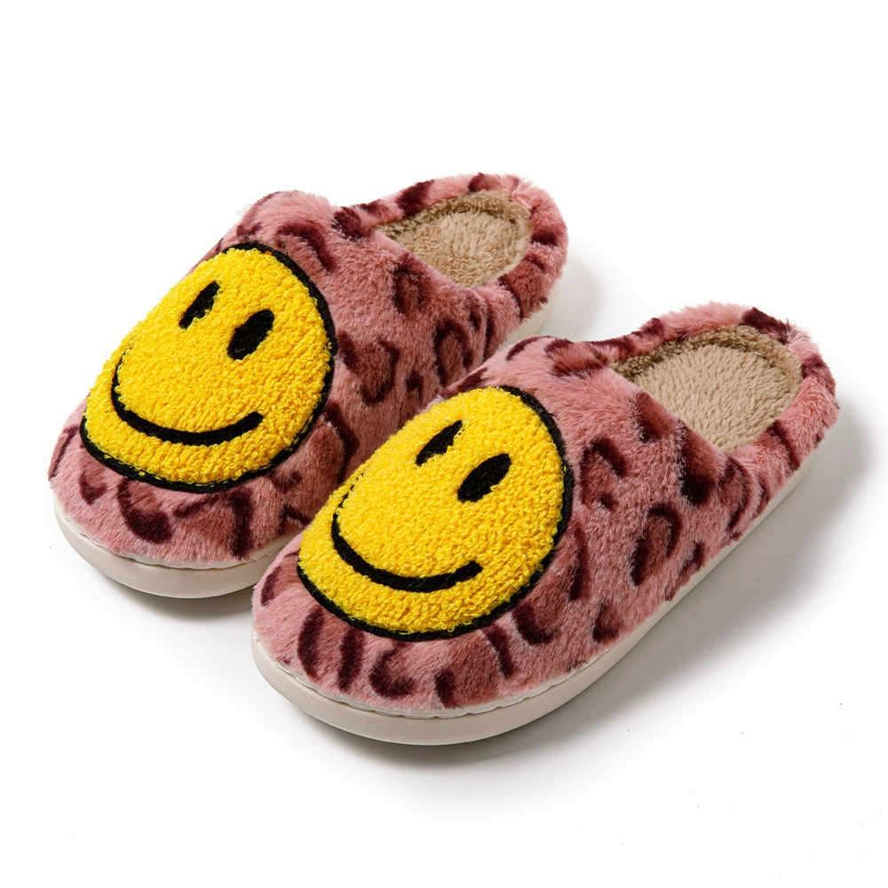 Keep-warm non-slip platform slippers, leopard & smiley designs, sizes EU 36–45