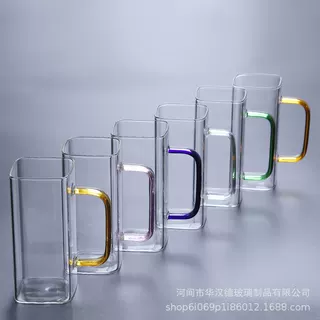 定制方形带盖高硼硅玻璃吸管杯 家用透明带把玻璃牛奶果汁咖啡杯