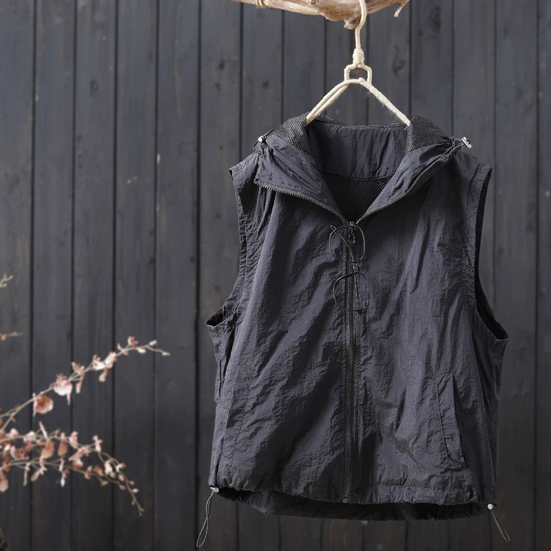 Chaleco sin mangas casual con capucha de verano, ropa de protección solar, chaleco fino al aire libre de moda, chaqueta, chaleco, chaqueta al por mayor