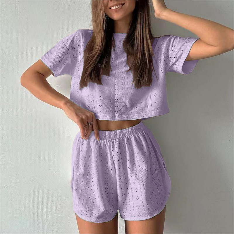 Cross-border 2026 Spring/Summer New European And American Sports Casual Outfit For Women, Solid Color Hollow Out Split_ecoleips.com