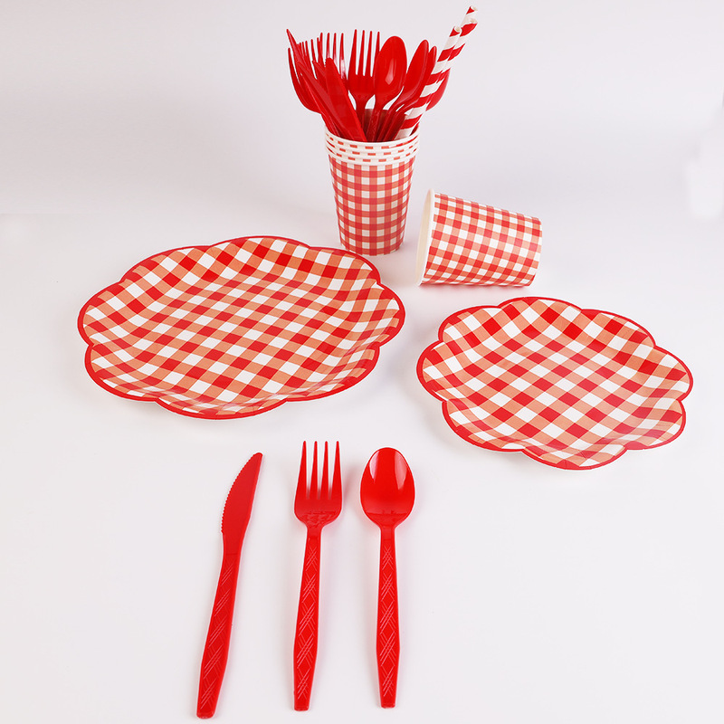 Cross-Border New Product Disposable Paper Plate Plaid Striped Lace Plate Holiday Party Party Disposable Tableware Set