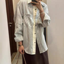 【原布加工】宽松拼接条纹长袖衬衫女秋季设计感衬衣外套早秋上衣