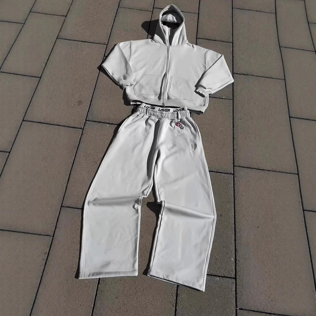 2025 tendencia estadounidense color sólido cuello alto otoño e invierno marca de moda personalidad sudadera con capucha simple cárdigan suéter traje hombres y mujeres