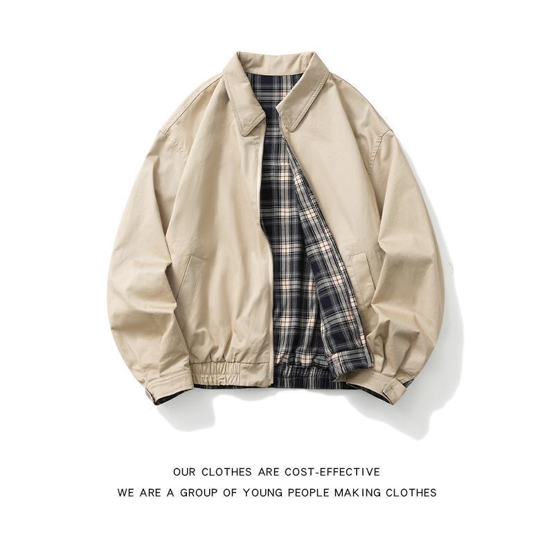 Reversible Plaid Harrington Jacket for Men, Japanese Style, Loose Casual Spring and Autumn Wear, Cool and Stylish Outerwear, Versatile Casual Jacket