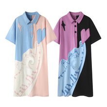2025夏季新款女装卡通猫Polo领贴布绣花针织T恤连衣裙D0220715003