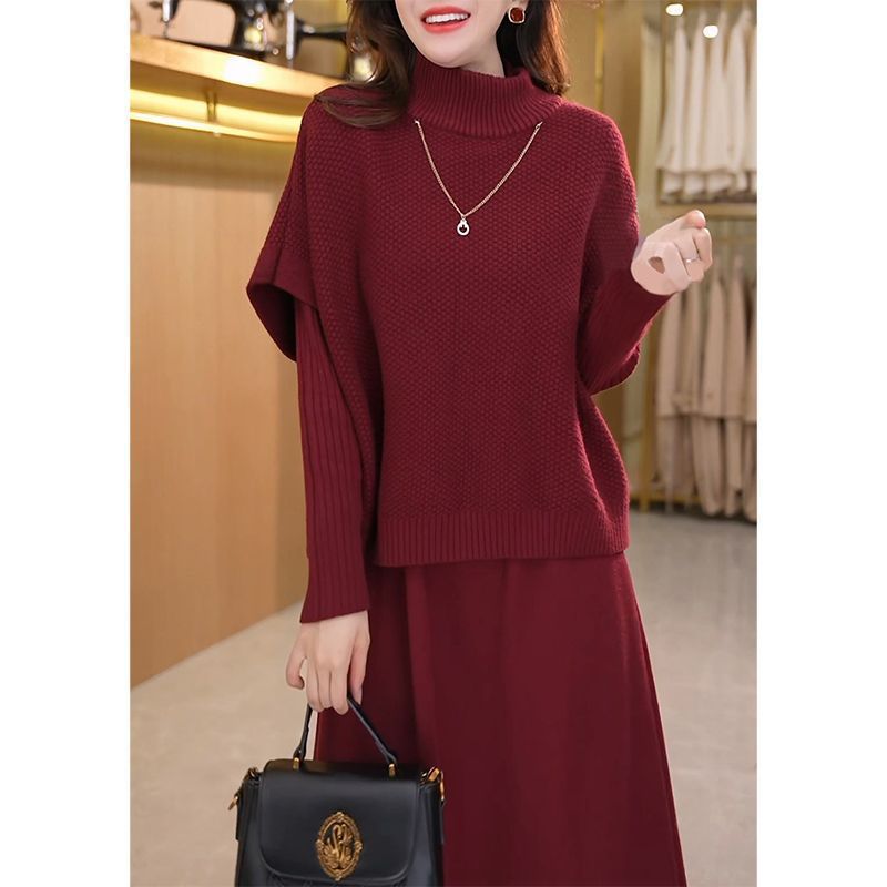 阔太太时尚加厚两件套连衣裙女2025秋冬新款妈妈针织毛衣套装裙子