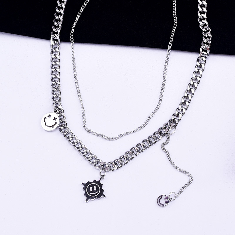 Collier hip hop double couche motif soleil et smiley en acier_voghion.com