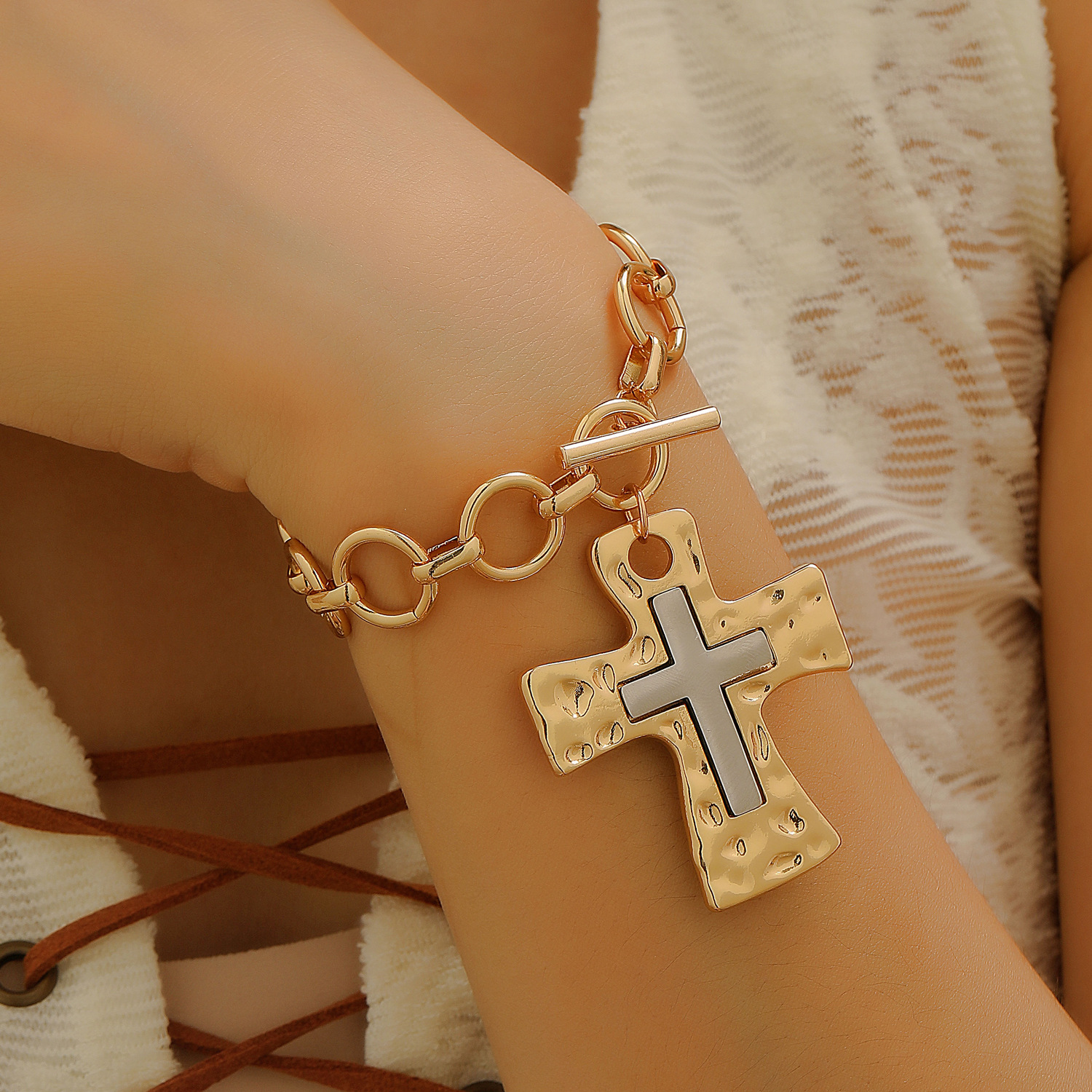 Lina Girl European American Heavy-duty Minimalist Exaggerated Circular Cuban Chain Cross Pendant Punk Style Trendy Earrings And_voghion.com