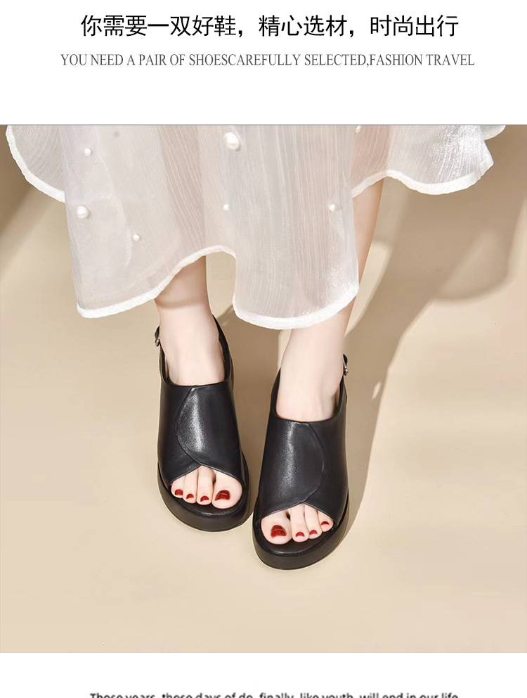 Giày sandal cao gót nữ mũi hở kiểu miệng cá, đế dày platform, da thật có khóa — Màu đen chi tiết 15