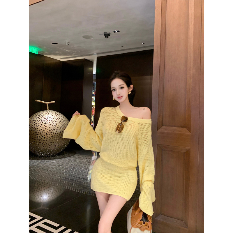 昕可达 袁伶嫣同款粗棒针超大袖子露肩连衣裙女长袖遮肚子超显瘦