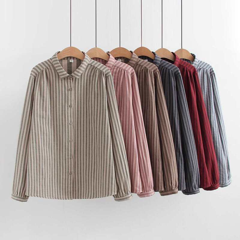 Double-layer Cotton Yarn Striped Shirt Women's Long-sleeved Soft Skin-friendly Breathable Baby Cotton Yarn Loose Slimming Spring and Autumn Top Double-layer Cotton Yarn Striped Shirt Women's Long-sleeved Soft Skin-friendly Breathable Baby Cotton Yarn Loose Slimming Spring and Autumn Top