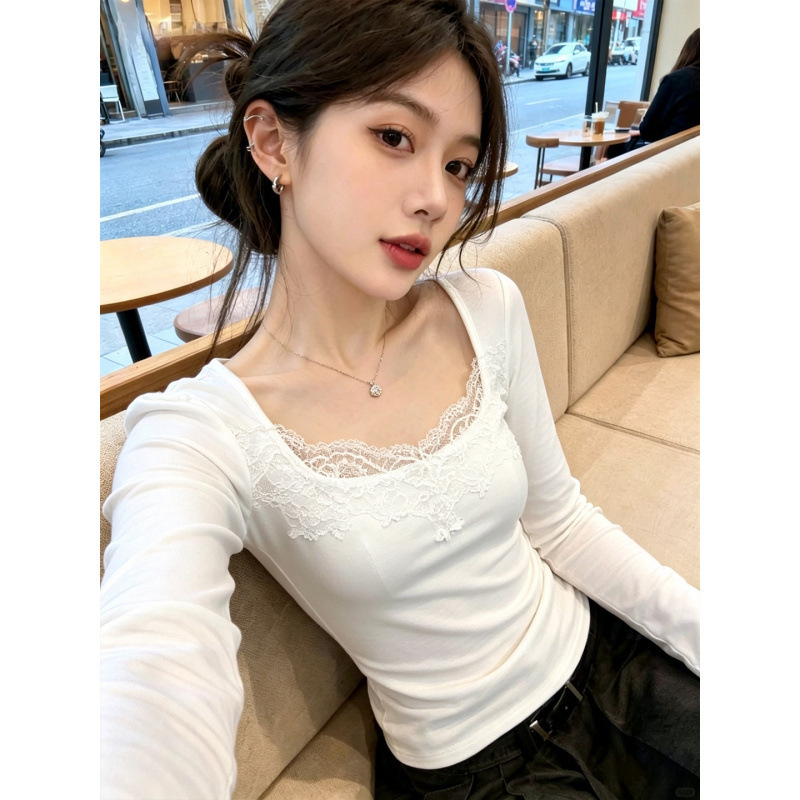 In stock: 260g rayon pure desire sexy lace trim white long-sleeve T-shirt for women, slim fit, square neck, suitable for summer and autumn