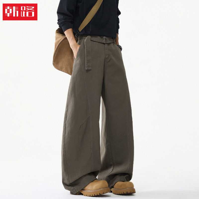 Han Lu | American Retro Pure Cotton Loose Straight-Leg Work Pants for Men, Autumn Split Structure Trendy Brand Casual Pants Q