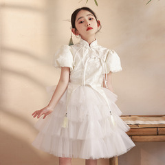 Chinese-style girl's dress high-end runway piano performance host children white birthday ballgown princess dress