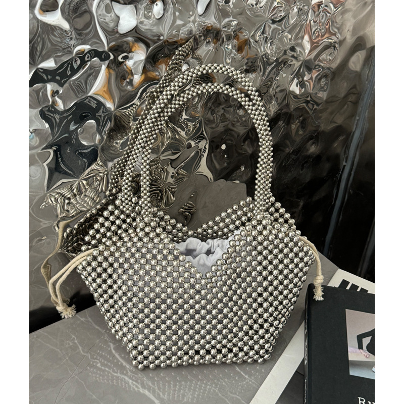 【Jue En】High-Quality Texture~Light Luxury Silver Beaded Handbag with a High-End Feel, Drawstring Bucket Bag