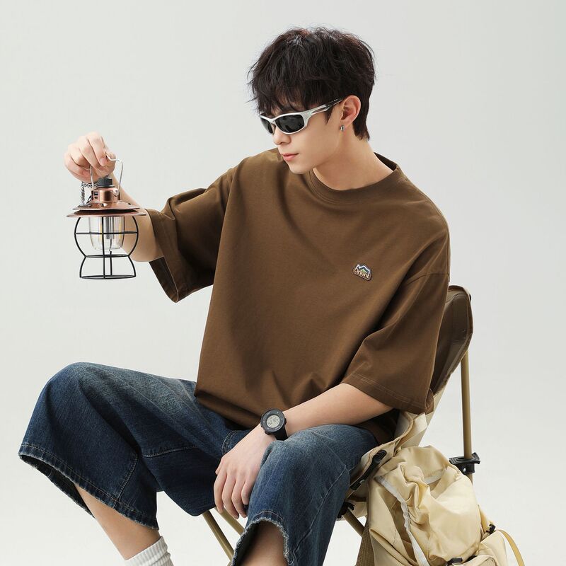 Japanese Style Loose Pure Cotton Short-Sleeved T-Shirt Men's Summer New Texture Mountain Style Embroidered T-Shirt Versatile Couple Half-Sleeved Q