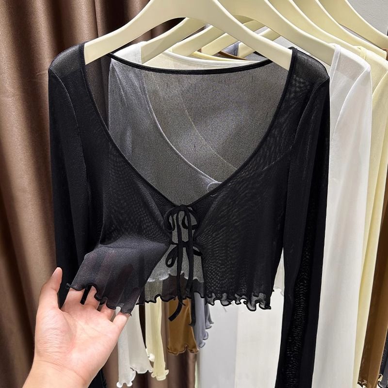 アイスシルクメッシュショール日焼け防止服女性のための春と夏のデザインレースアップカーディガン薄いブラウストップ|undefined