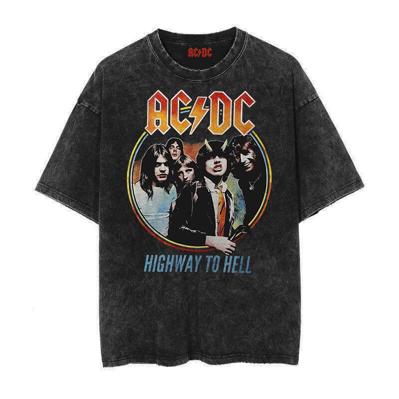 Cross-Border Punk Short-Sleeve Vintage Print Acdc Rock Retro Wax-Dyed Summer 2022 Washed T-Shirt New Band Style Cross-Border Punk Short-Sleeve Vintage Print Acdc Rock Retro Wax-Dyed Summer 2022 Washed T-Shirt New Band Style