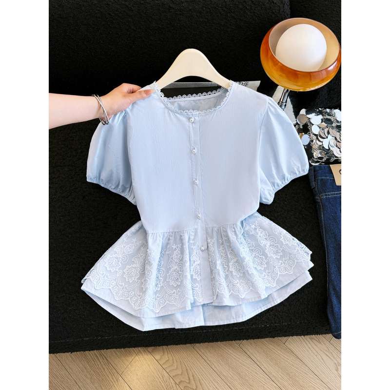 Lace-Trimmed Short-Sleeve Tencel Cotton-Linen Shirt for Women, New Summer Style, Waist-Cinching, Elegant Blouse, Age-Reducing, Stylish Top