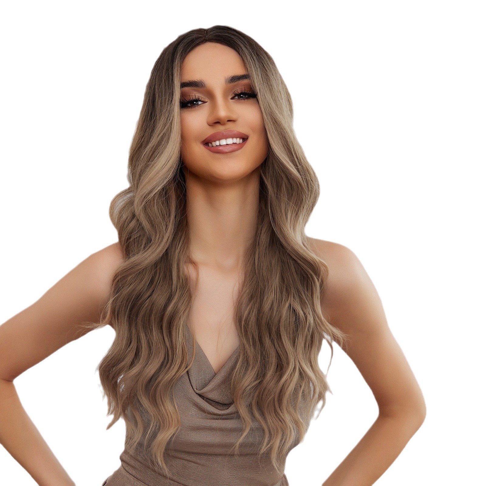 TEMU venta caliente, onda grande, cabello largo y rizado, degradado, marrón oscuro, mate, peluca de seda de alta temperatura, cubierta de cabeza completa para mujer