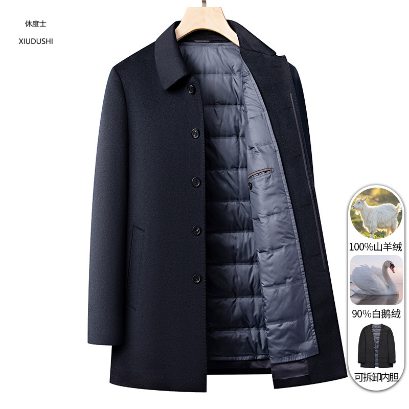 High-end autumn/winter middle-aged men's pure wool coat with detachable goose down lining, warm business woolen overcoat