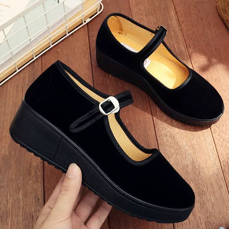 Весенне-летняя дышащая обувь из ткани Old Beijing Удобная износостойкая Женская рабочая обувь на толстой подошве на платформе Туфли для мам на плоской танкетке