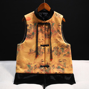 New Chinese style retro ethnic style printed vest 2024 new spring and autumn Chinese style improved waistcoat buckle top