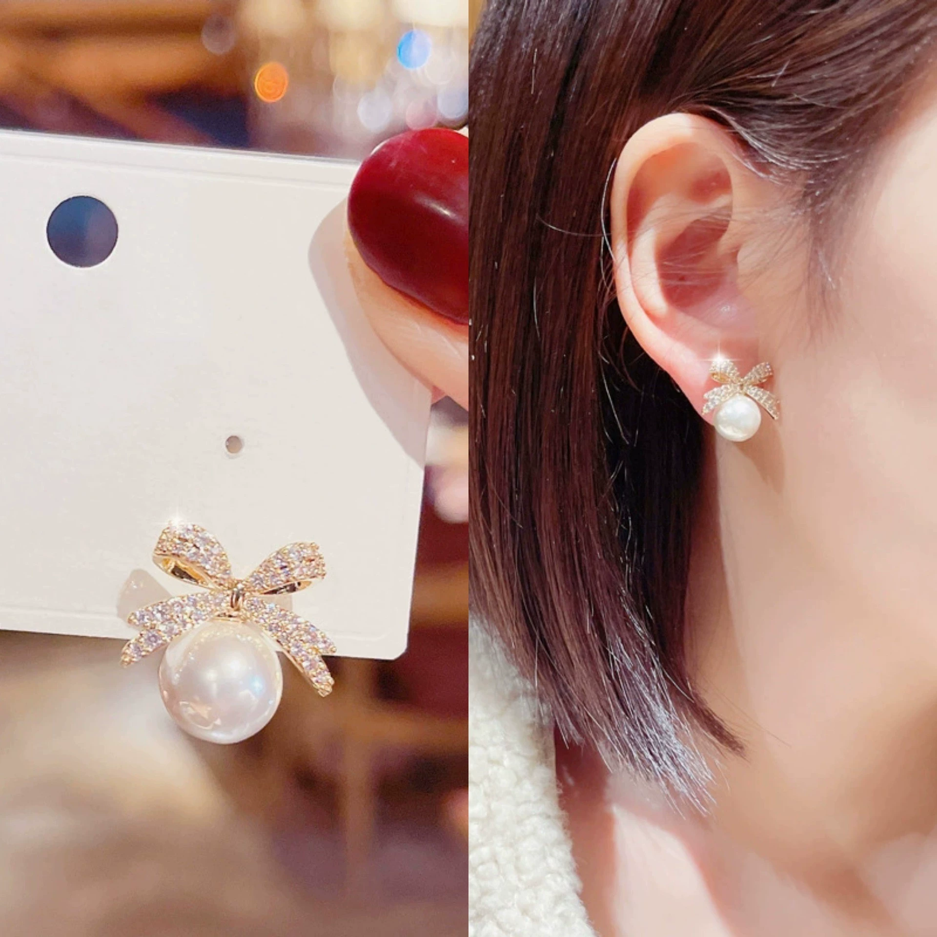 Sophisticated cute fashionable small earrings with bow from pearl, Japanese and Korean, diamond encrusted, simple and elegant design, wholesale