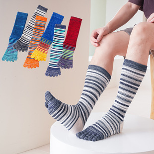 Men's autumn and winter thickened sports high five-finger socks cotton sweat-absorbent combed cotton toe socks color stripes