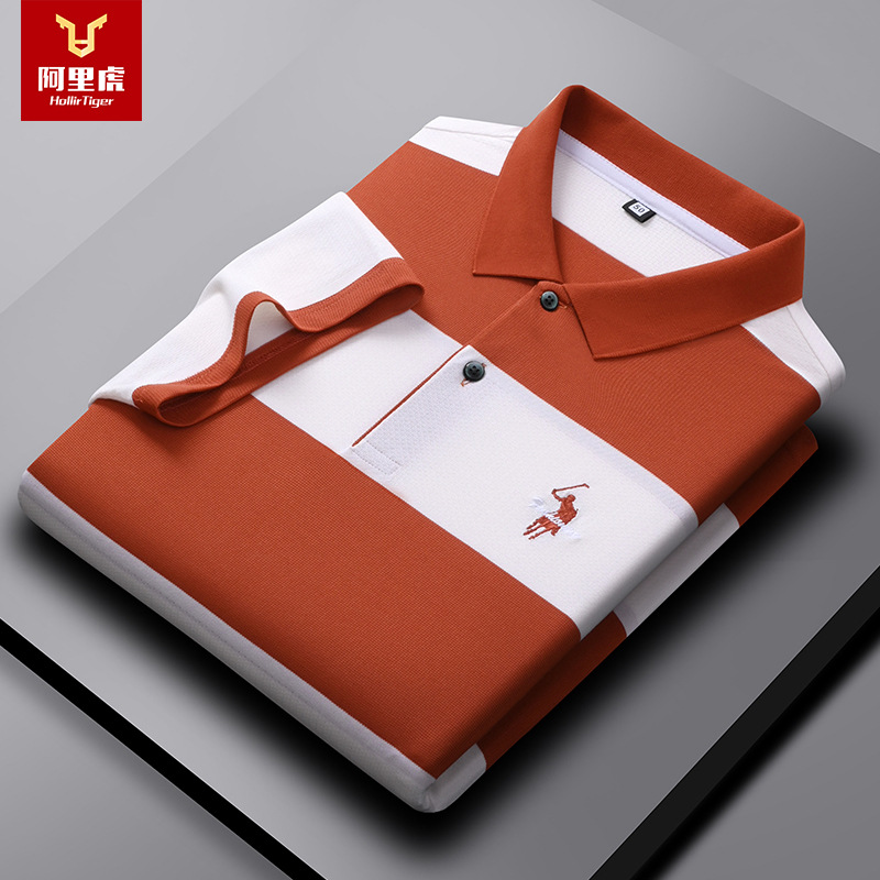 [Ice Silk Jacquard] Bao Roman Label Golf Summer New Lapel Polo Shirt Men's Short Sleeve Striped T-Shirt