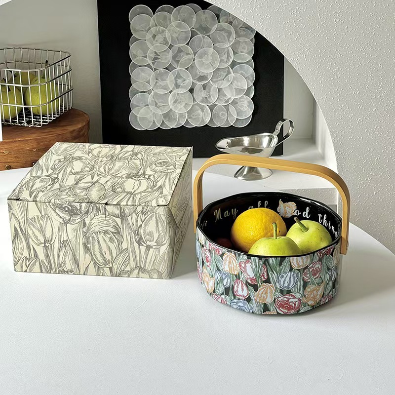 Cerámica retrógrada portátil bandeja de frutas casera de bocadillos dulces caja de frutas de lujo de alta gama exquisita cesta de frutas de nueces de lujo platos de bocadillos