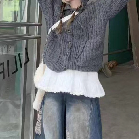 77lin美式复古麻花连帽毛衣开衫女5秋冬慵懒风针织衣外套ins|undefined