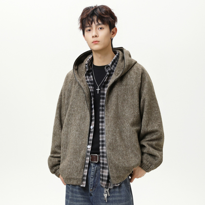 American Retro Mohair Hooded Jacket, Autumn and Winter Style, Lazy Style Silhouette, Textured Trendy Brand Thickened Sweatshirt Jacket Q