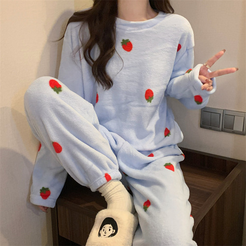 Coral Fleece Women's Winter Cute Strawberry Padded Thick Warm Plush Lined Pajama Set  New Homecoming Suit