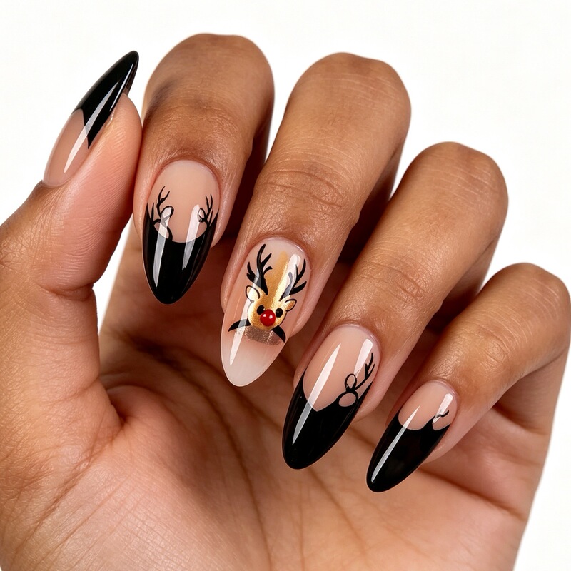 Nail tips with a cool Christmas vibe, sheer base color, black and white pointed French style, red-nosed reindeer antlers, wearable nail tips Nail tips with a cool Christmas vibe, sheer base color, black and white pointed French style, red-nosed reindeer antlers, wearable nail tips