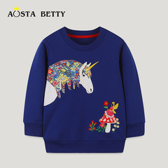 歐美風格兒童衛衣23秋季新款繡花圓領套頭衫卡通圖案女童長袖上衣