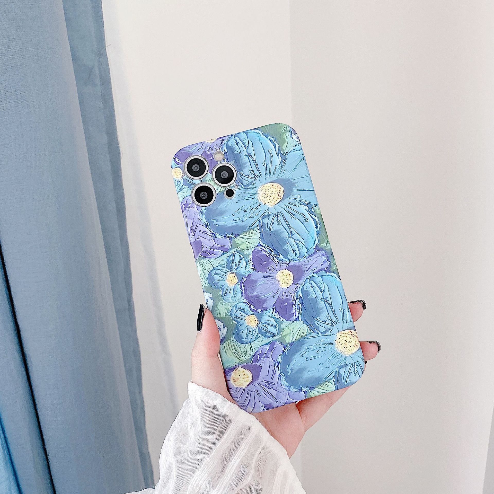 油画紫蓝花朵适用iPhone12promax苹果11手机壳8P/7plus女软壳x/xs