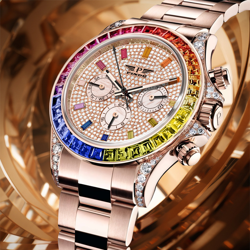Đồng hồ nam automatic lộ máy mặt số đính đá cầu vồng, dây thép — Dây thép khoan màu 6613
