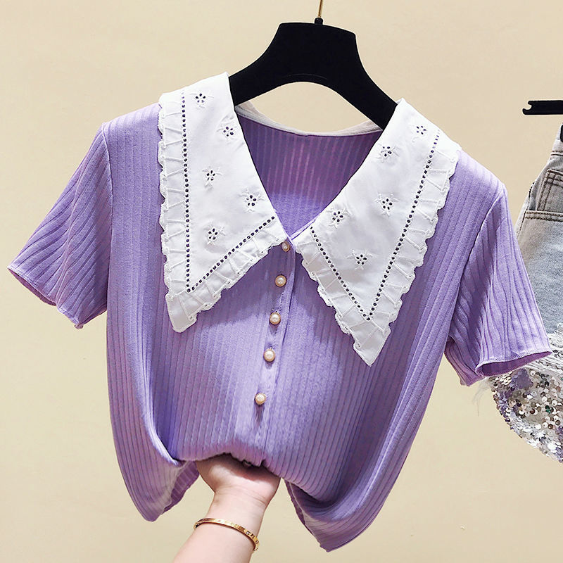 大码女装娃娃领紫色上衣微胖女孩穿搭冰丝短袖2024新款复古衬衫潮